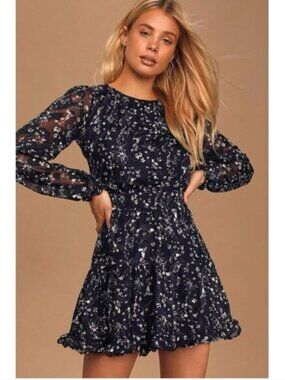 Lulu's Too Cute Navy Floral Smocked Long Sleeve Mini Dress Size Small Party Prom